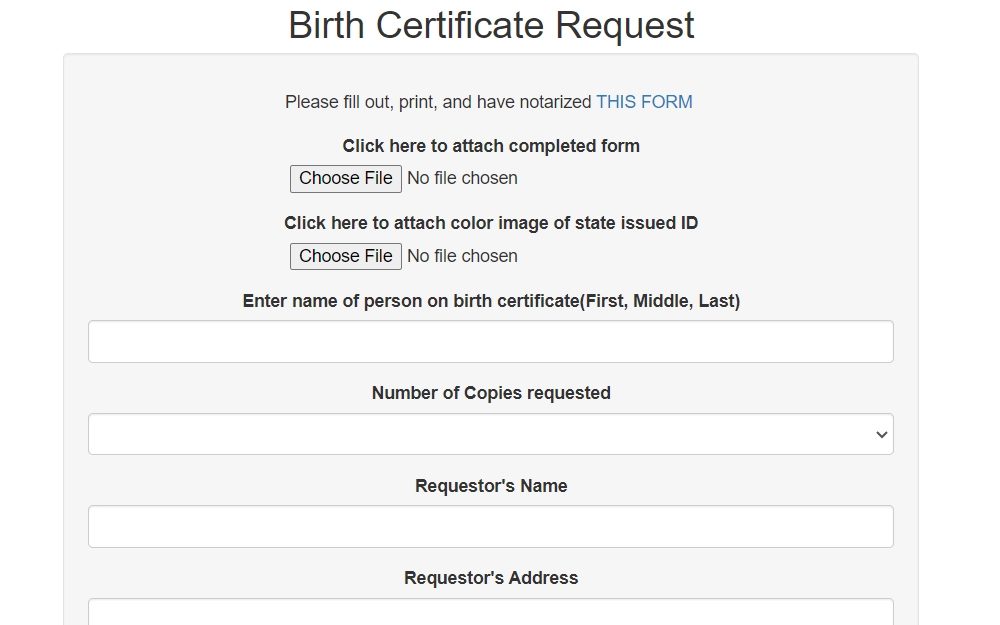 A screenshot of the form used to obtain birth document in St. Clair County.