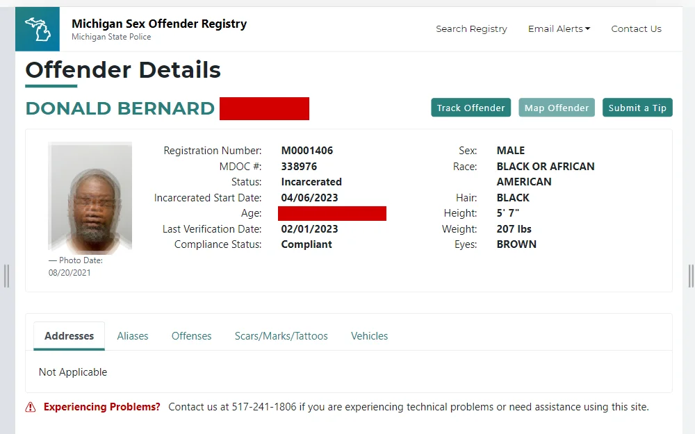 A screenshot of the Michigan Sex Offender Registry's search feature that allows user to obtain information about sex offenders in Michigan.