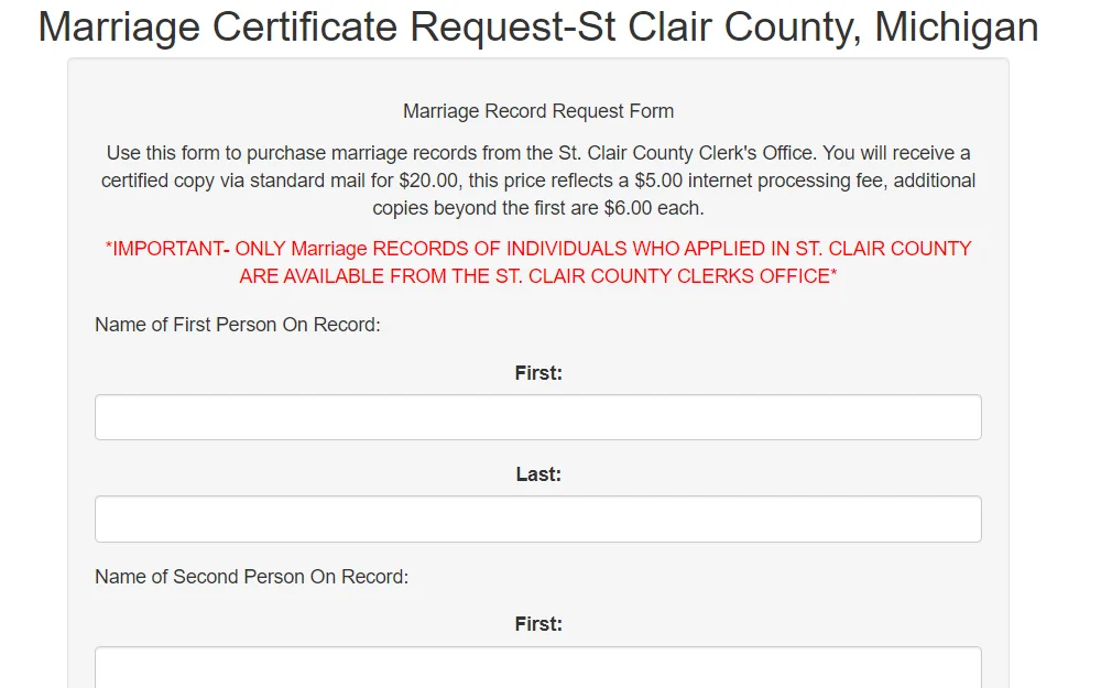 A screenshot of the form used to obtain marriage document in St. Clair County.