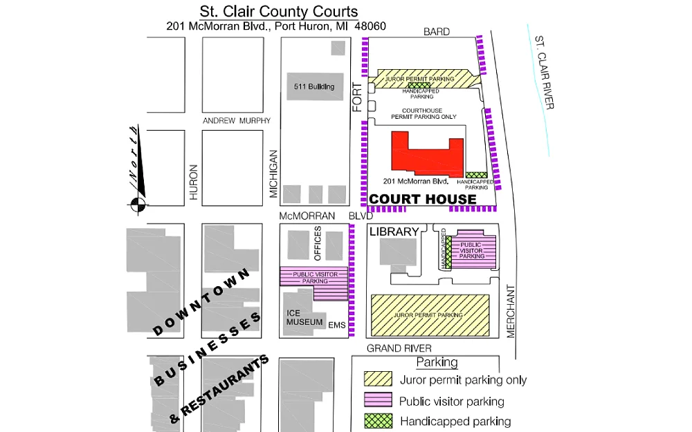 A screenshot displaying a county courts' parking layout showing a visualization map specifically the juror permit, public visitor and handicapped parking with landmarks such as courthouse, library and others.