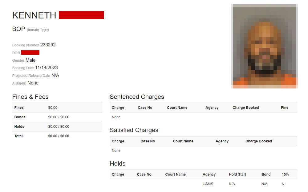 A screenshot showing an inmate lookup information such as name, inmate type, booking number, date of birth, gender, booking date, projected release date and aliases.