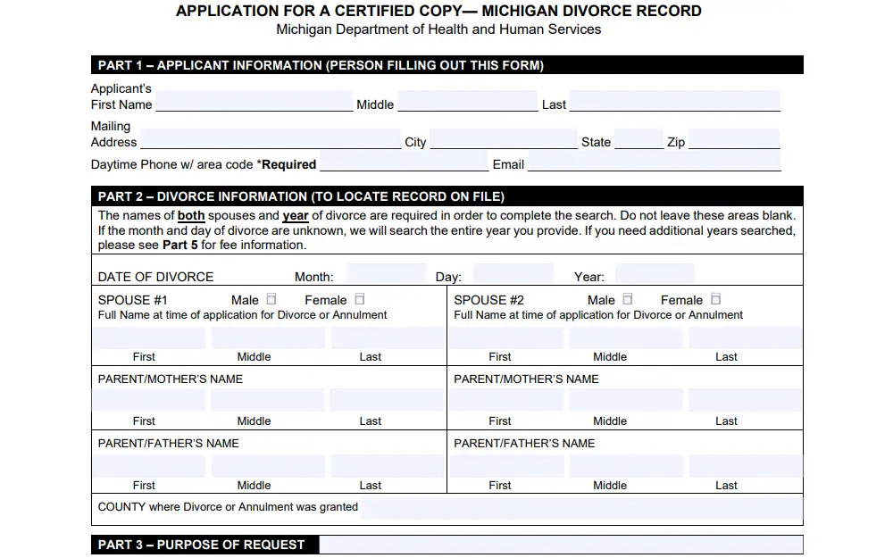 Screenshot of an application form showing the first three sections dedicated for applicant information, divorce information, and purpose of request respectively.