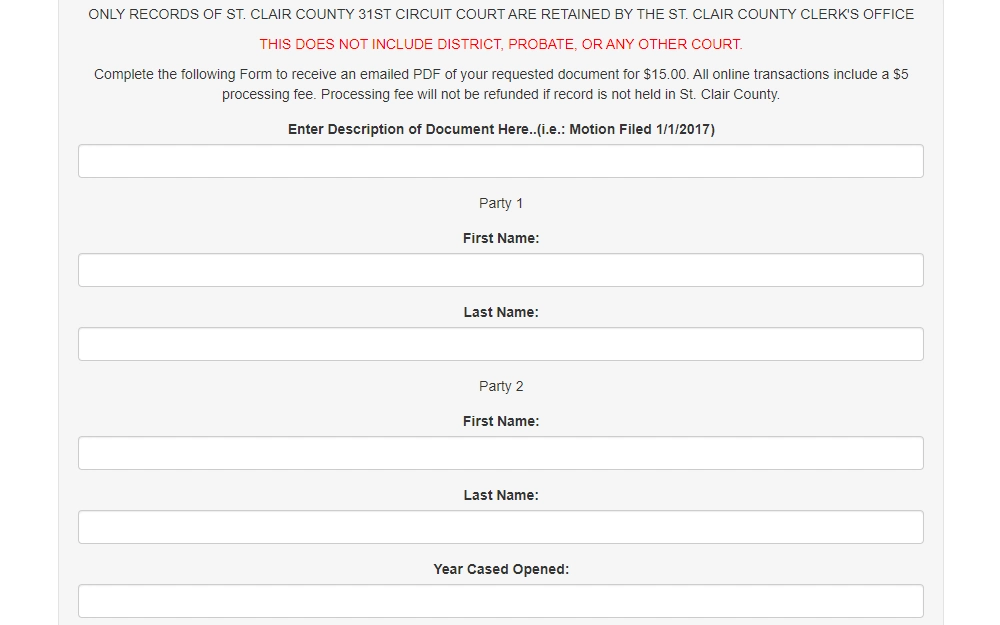 Screenshot of the online request form displaying the fields for description of the requested documents, parties’ names, and year the case opened.