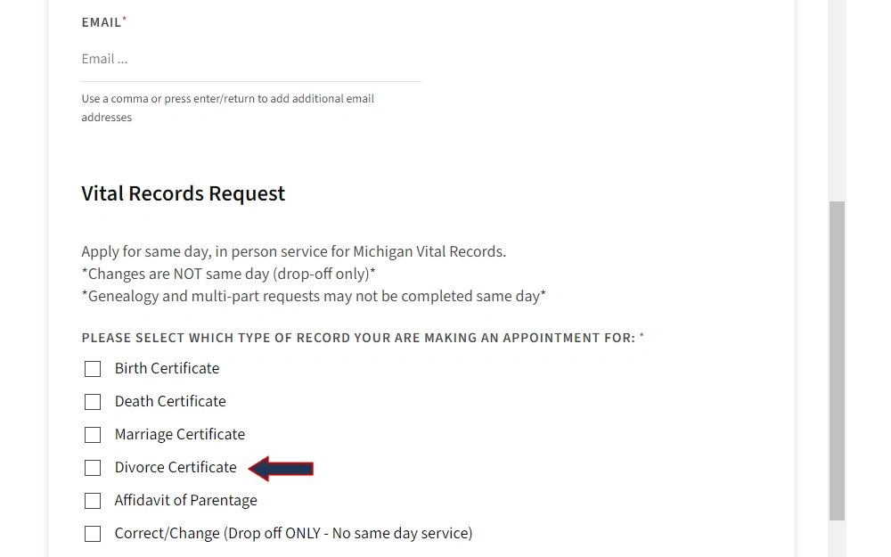 Screenshot of the appointment system for vital records request showing the sections for email and record type.