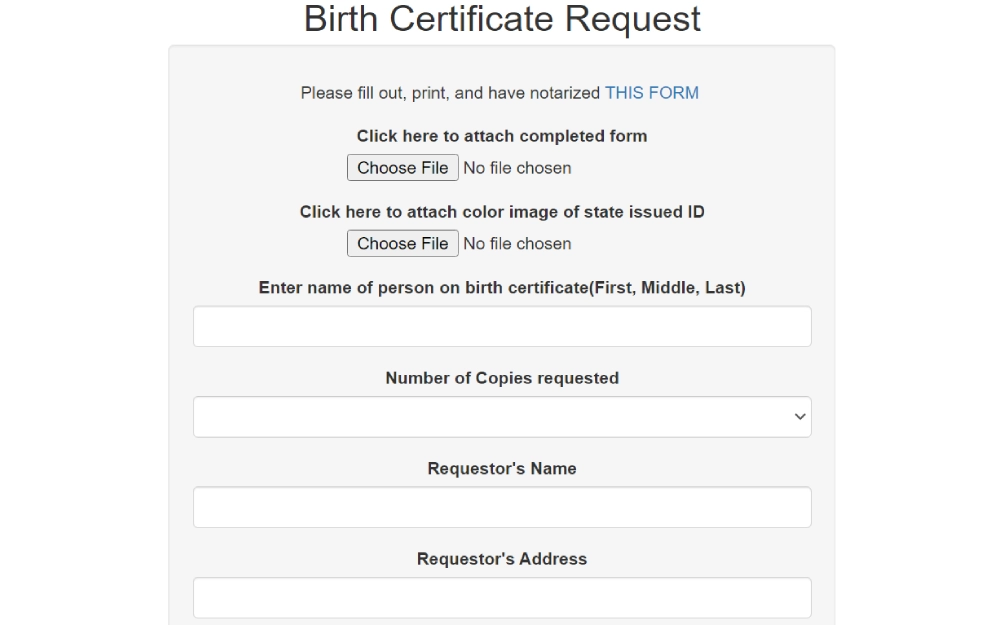 A screenshot of the form used to obtain birth document in St. Clair County.