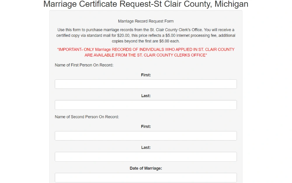 A screenshot of the form used to obtain marriage document in St. Clair County.